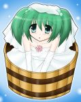  bare_shoulders bride bucket dress elbow_gloves flower girl_in_bucket gloves green_eyes green_hair hair_bobbles hair_ornament in_bucket in_container kisume ryutotoranoikkiuchi solo touhou wedding_dress 