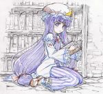  bookshelf hat long_hair patchouli_knowledge purple_eyes purple_hair ribbon sakino_shingetsu touhou traditional_media violet_eyes 