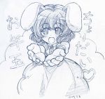  animal_ears blue blue_background bunny_ears dated foreshortening hands heart inaba_tewi monochrome open_mouth outstretched_hand rabbit_ears sakino_shingetsu short_hair smile touhou traditional_media translated 