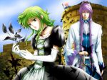  choker dress formal formal_dress gloves green_hair gumi kamui_gakupo ponytail purple_hair sword tower vocaloid weapon 