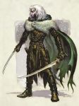  cloak dark_elf dark_skin drizzt_do&#039;urden drow dual_wield dungeons_and_dragons elf forgotten_realms official_art scimitar source_request sword white_hair 
