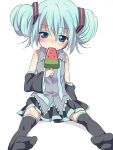  1girl aqua_eyes aqua_hair bad_id blue_eyes blush buns child detached_sleeves double_bun food fruit green_hair hatsune_miku long_hair maruki_(punchiki) necktie popsicle simple_background sitting skirt suika_bar sweat thigh-highs thighhighs twintails vocaloid watermelon young zettai_ryouiki 