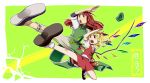  blonde_hair braid china_dress chinadress chinese_clothes flandre_scarlet flying_kick hat hong_meiling kick kicking kuroda_(artist) long_hair multiple_girls ponytail red_eyes red_hair redhead short_hair side_ponytail touhou twin_braids wings 