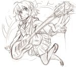 grin guitar hands hirasawa_yui instrument k-on! monochrome pantyhose pirano school_uniform short_hair sketch smile solo v 