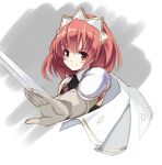  blush cape cecily_cambell cecily_campbell gloves leotard red_eyes red_hair redhead seiken_no_blacksmith seo_tatsuya short_hair solo sword weapon 