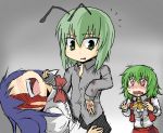  antennae ascot blood blue_hair blush broken_arm commentary green_eyes green_hair hinanawi_tenshi injury kazami_yuuka kujira_lorant kujira_rooran masochism multiple_girls no_eyes personality_swap purple_hair red_eyes reverse_trap skirt skirt_set tears touhou trembling vest wound wriggle_nightbug 