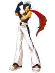  blue_hair cape gloves goggles goggles_on_head highres king_of_fighters king_of_fighters_2002 korea may_lee nona official_art pose shoes short_hair sneakers snk tank_top 