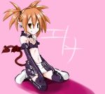  character_name demon_girl disgaea earrings elbow_gloves etna flat_chest gloves highres jewelry kneeling miniskirt navel pointy_ears red_eyes red_hair redhead shamo skirt tail thigh-highs thighhighs twintails wings 