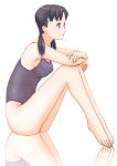  barefoot black_hair breasts code49 feet legs nanahime_(aoi) one-piece_swimsuit original reflection school_swimsuit sideboob sitting swimsuit twintails 