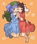  animal_ears backpack bag barefoot black_hair blue_eyes blue_hair bunny_ears cucumber hair_bobbles hair_ornament hand_holding hat holding_hands inaba_tewi kawashiro_nitori kingin looking_at_viewer multiple_girls rabbit_ears red_eyes short_hair simple_background smile touhou twintails wink 