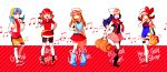  5girls backpack bag bandana bare_shoulders beanie bike_shorts blue_(pokemon) blue_eyes blue_hair boots bow bracelet brown_hair cap character_name crystal_(pokemon) dada_(dolce) dress duffel_bag english everyone fanny_pack gloves gold_(pokemon) group hair_ornament hand_on_hip haruka_(pokemon) hat hat_ribbon highres hikari_(pokemon) jacket kneehighs kotone_(pokemon) leaf_(pokemon) leg_warmers long_hair messenger_bag multiple_girls musical_note odamaki_sapphire open_mouth overalls pokegear pokemon pokemon_(game) pokemon_dppt pokemon_firered_and_leafgreen pokemon_frlg pokemon_gsc pokemon_heartgold_and_soulsilver pokemon_hgss pokemon_rse popped_collar purple_eyes red_eyes red_ribbon ribbon ruby_(pokemon) scarf shoes short_skirt short_sleeves shorts skirt smile socks thigh-highs thighhighs title_drop twintails vs_seeker wristband zettai_ryouiki 