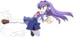  clannad fujibayashi_kyou kick long_hair purple_hair school_uniform thigh-highs violet_eyes yamano_sachi 