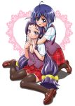  blue_eyes blue_hair gambler_club hug hug_from_behind kousaka_jun long_hair mahou_sensei_negima mahou_sensei_negima! miyazaki_nodoka plaid plaid_skirt purple_eyes purple_hair school_uniform short_hair skirt tartan thigh-highs thighhighs violet_eyes 