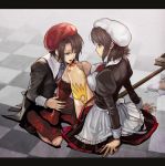  blood blood_sucking brother_and_sister brown_hair hands hat injury kanon_(umineko) licking maid mop pantyhose shannon short_hair siblings socks torn_clothes torn_pantyhose umineko_no_naku_koro_ni water 