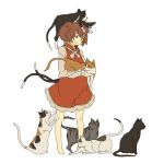  barefoot brown_eyes brown_hair cat cat_ears cat_tail chen highres multiple_tails short_hair tail too_many_cats touhou uewtsol 