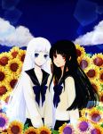  2girls black_hair blue_eyes brown_eyes flower kaja kaja_(natsu_no_arashi) kaja_bergmann long_hair natsu_no_arashi natsu_no_arashi! red_eyes school_uniform smile sunflower white_hair yusorate 