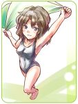  1girl amagami armpits barefoot brown_hair one-piece one-piece_swimsuit perspective short_hair solo swimsuit tamago tanamachi_kaoru towel 