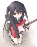  from_above guitar instrument k-on! kokonoka looking_up mouth_hold mustang(guitar) nakano_azusa plectrum school_uniform sitting solo twintails 