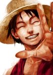  brown_hair grin happy hat lack male monkey_d_luffy one_piece outstretched_arm outstretched_hand painterly realistic scar smile solo straw_hat vest 