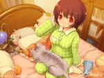  bed book brown_hair cat from_above gagraphic hair_dryer lamp pajamas red_eyes shigatake short_hair wallpaper 