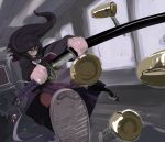  black_hair bullets katana long_hair school_uniform sketch skirt sword unsheathing weapon 