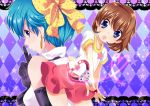  blue_hair brown_hair earrings eyeshadow gloves hair_ribbon heart jewelry kazuki_mai kozuki_mai magical_emi magical_girl mahou_no_star_magical_emi neko_(natsuiroclassic) ribbon skirt star t-shirt wand 