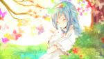  blue_hair blush bunny butterfly happy heca long_hair nature rabbit smile 