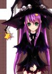  green_eyes hair_ornament hairclip hat les long_hair original purple_hair skull smile star torn_clothes witch_hat 