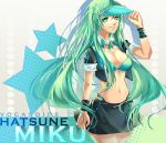  bra breasts cleavage green_eyes green_hair hatsune_miku lingerie long_hair muse_(rainforest) navel skirt smile solo star underwear visor visor_cap vocaloid 