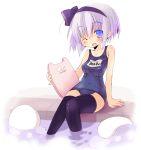  hairband kickboard konpaku_youmu konpaku_youmu_(ghost) myon myon_(phrase) one-piece_swimsuit pool sakurazari_hotori school_swimsuit silver_hair swimsuit thigh-highs thighhighs touhou wink 