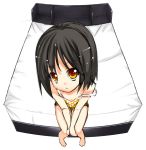  bare_shoulders barefoot bed between_thighs black_hair camisole closed_legs fisheye foreshortening off_shoulder orange_eyes original perspective pov red_eyes short_hair shorts simple_background sitting sketch solo strap_slip v_arms 