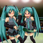  blush boxing_ring cosplay detached_sleeves green_eyes green_hair hatsune_miku hatsune_miku_(cosplay) headset hiiragi_kagami hirondo long_hair lucky_star microphone multiple_girls purple_eyes spring_onion thigh-highs thighhighs tsurime twintails violet_eyes vocaloid 