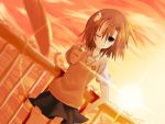  biribiri brown_eyes brown_hair coin electricity misaka_mikoto murasaki_tsuki school_uniform short_hair skirt smile sunlight to_aru_majutsu_no_index 