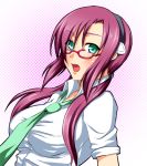  blush glasses green_eyes makinami_mari_illustrious necktie neon_genesis_evangelion open_mouth pizaya purple_hair rebuild_of_evangelion s_tanly simple_background solo 