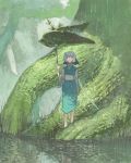  barefoot blue_eyes blue_hair bow chomoran cirno dress forest hair_bow hair_ornament japanese_clothes leaf leaf_umbrella leaves nature rain roots solo touhou traditional_media tree water wings 