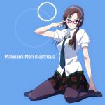  aotsuki_takao bad_id blue_eyes brown_hair evangelion:_2.0_you_can_(not)_advance glasses headband low_twintails makinami_mari_illustrious necktie neon_genesis_evangelion pantyhose plaid plaid_skirt rebuild_of_evangelion school_uniform skirt smile solo tartan twintails 