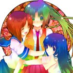  amadukijou amazuki_jou blue_eyes blue_hair closed_eyes furude_rika girl_sandwich green_eyes green_hair higurashi_no_naku_koro_ni hug long_hair multicolored_hair multiple_girls ponytail red_hair redhead ryuuguu_rena school_uniform serafuku short_hair smile sonozaki_mion 