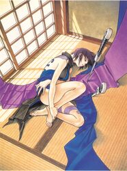  artist_request barefoot feet fetal_position hands hands_on_feet highres japanese_clothes lying samurai_spirits scan shiki_(samurai_spirits) snk source_request sword tatami tattoo weapon 