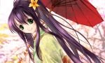  green_eyes hair_ornament japanese_clothes kimono les long_hair looking_back oriental_umbrella original ponytail purple_hair smile umbrella 
