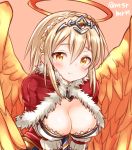  1girl angel_wings blonde_hair blush braid breasts capelet cleavage covered_nipples crown_braid fur_trim halo marshmallow_mille puzzle_&amp;_dragons rozuel_(p&amp;d) smile solo tears tiara twitter_username upper_body wings yellow_eyes 