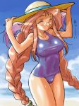  1girl beach blush breasts breath_of_fire breath_of_fire_iii clouds covered_navel covered_nipples dr.p glasses momo_(breath_of_fire) ocean one-piece_swimsuit school_swimsuit solo swimsuit tan 