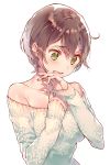  1girl ahoge bare_shoulders blush brown_hair collarbone copyright_request dsmile embarrassed eyebrows eyebrows_visible_through_hair green_eyes hand_on_own_chest long_sleeves looking_away looking_down off-shoulder_sweater open_mouth short_hair solo sweater upper_body white_background 
