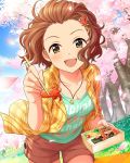  1girl artist_request brown_hair casual cherry_blossoms english food green_eyes hair_ornament hairclip idolmaster idolmaster_cinderella_girls jewelry namba_emi necklace official_art petals short_hair shorts solo tree wavy_hair 