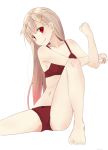  1girl bangs bare_legs bare_shoulders barefoot black_bow blonde_hair bow bra closed_mouth collarbone eyebrows eyebrows_visible_through_hair fang hair_flaps hair_ornament hairclip head_tilt kantai_collection legs long_hair looking_at_viewer navel panties red_eyes remodel_(kantai_collection) simple_background solo stomach stretch underwear underwear_only white_background yuki_(yukin0128) yuudachi_(kantai_collection) 