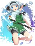  1girl belt bike_shorts blue_eyes blue_sky clouds flower hair_rings katana konpaku_youmu looking_at_viewer open_mouth puffy_short_sleeves puffy_sleeves shirt short_sleeves shorts_under_skirt silver_hair skirt sky smile solo sword touhou uumaru1869 vest weapon 