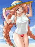  1girl beach blush breasts breath_of_fire breath_of_fire_iii clouds dr.p glasses hat momo_(breath_of_fire) ocean shirt solo swimsuit 