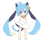  1girl animal_ears barefoot bell bell_collar blue_eyes blue_hair cat_ears cat_tail chibi collar dress full_body hatsune_miku jingle_bell kemonomimi_mode long_hair looking_at_viewer simple_background solo tail twintails very_long_hair vocaloid white_background yoshiki 
