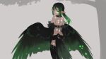  1girl back bare_shoulders bird_tail black_hair collar commentary earrings english_commentary feathered_wings from_behind fusion gradient_hair green_eyes green_hair grey_background harpy harpy_(monster_girl_encyclopedia) heart heart_earrings highres jewelry long_hair looking_at_viewer looking_back monster_girl monster_girl_encyclopedia multicolored_hair no_eyewear original paintrfiend pointy_ears simple_background smile solo tharkis twintails winged_arms wings 
