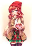  1girl black_legwear blush box breath checkered checkered_skirt coat gift gift_box hat heart heart-shaped_box heart-shaped_pupils highres holding holding_box holding_gift long_sleeves looking_at_viewer love_live!_school_idol_project nishikino_maki open_mouth panties red_hat redhead scarf short_hair signature skirt symbol-shaped_pupils thigh-highs underwear valentine violet_eyes windart 