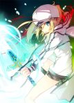  1girl baseball_cap blonde_hair boots cross-laced_footwear dual_wielding fate/grand_order fate_(series) green_eyes hat heroine_x heroine_z hood hoodie jianmo_sl lace-up_boots looking_at_viewer saber short_hair shorts solo sword weapon 